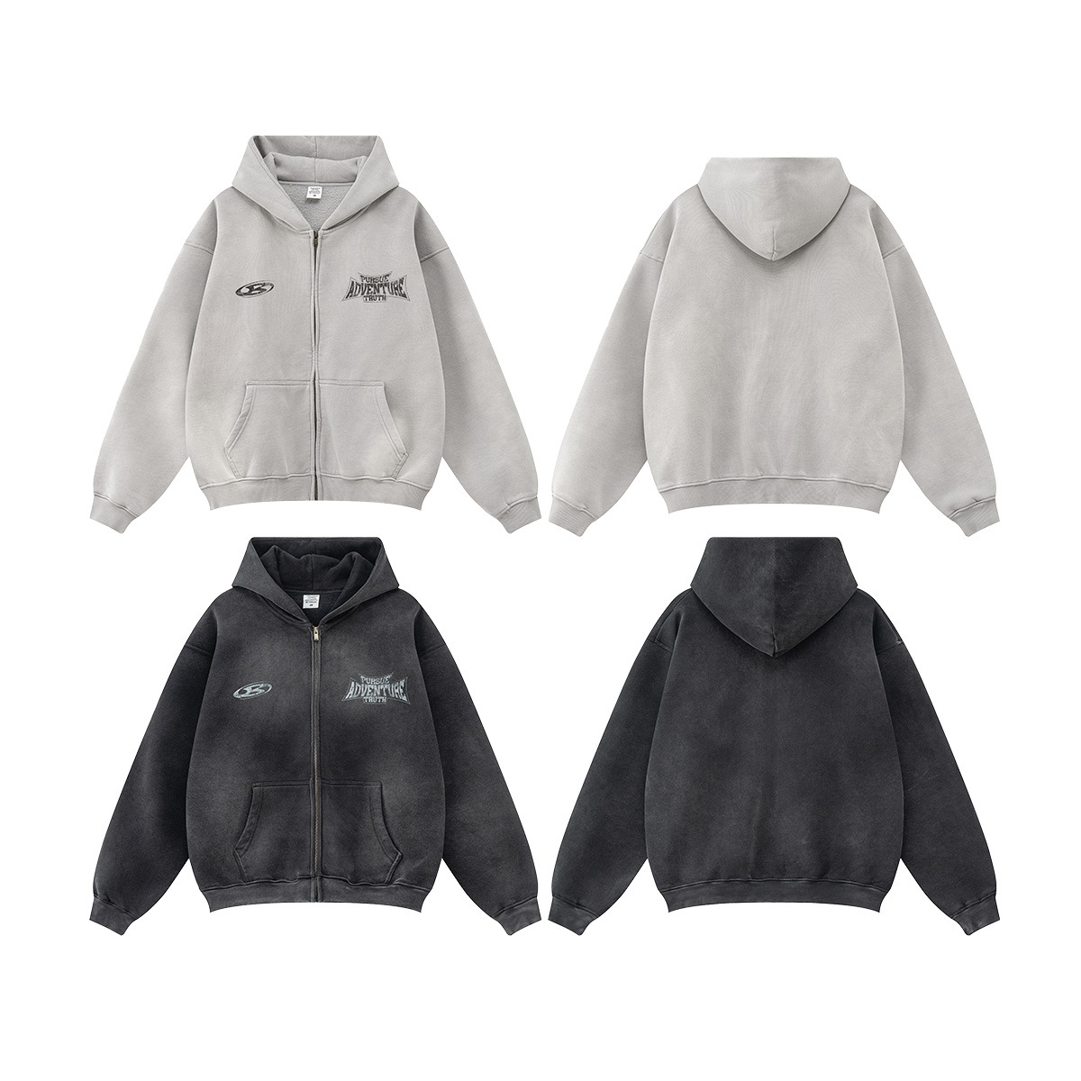 Zip-Hoodie in Hellgrau mit Print vorne und schlichter Rückseite – Modell Adventure Club Zipper Hoodie von Style without Limits im Set aus Vorder- und Rückansicht.
