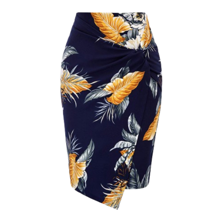 SWL Asymmetrischer Bleistiftrock Tropical Navy Damen – figurbetonter Midirock mit Knoten-Detail und tropischem Blumenprint auf dunkelblauem Grund
